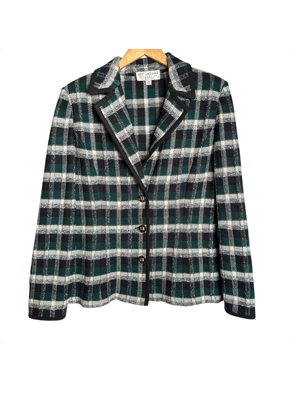 St John Collection Plaid Blazer Jacket Size 10 Black Hunter Green Santana Knit